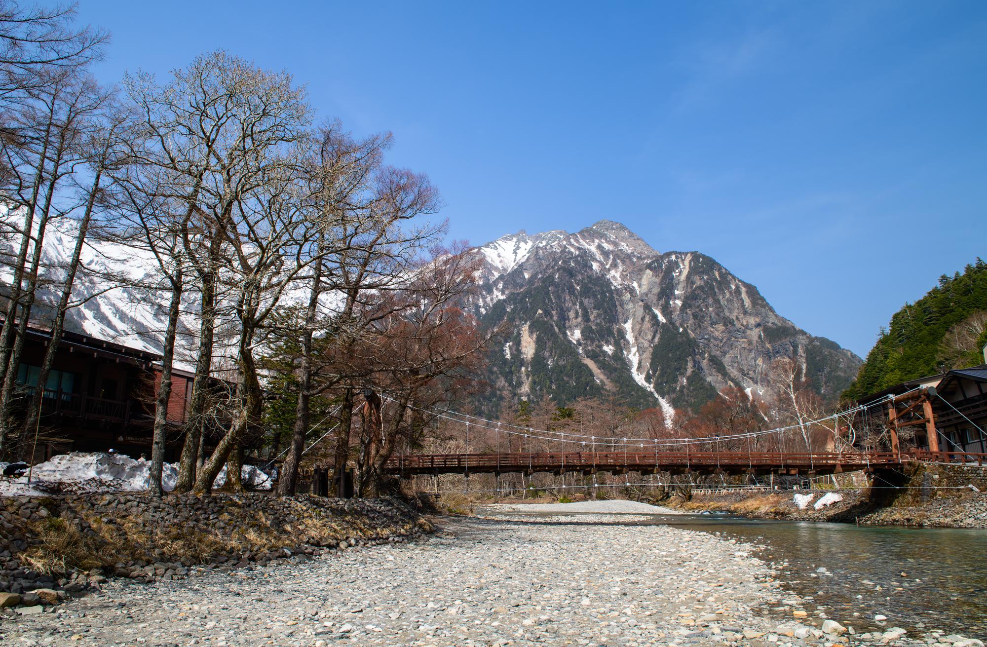 Outdoor gear laid out on a wooden surface in a Japanese setting
